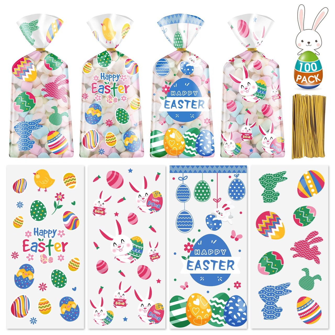 100 Pcs Easter Treat Bags - Happy Easter Gift Bags, Easter Eggs Plastic Cellophane Bag, Clear Colorful Easter Bunny Goodie Candy Favor Bags with Gold Twist Ties for Easter Party Favors Supplies